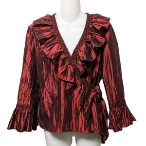 JACKIE JON Crinkle Lace Wrap Front Ruffle Blouse 6